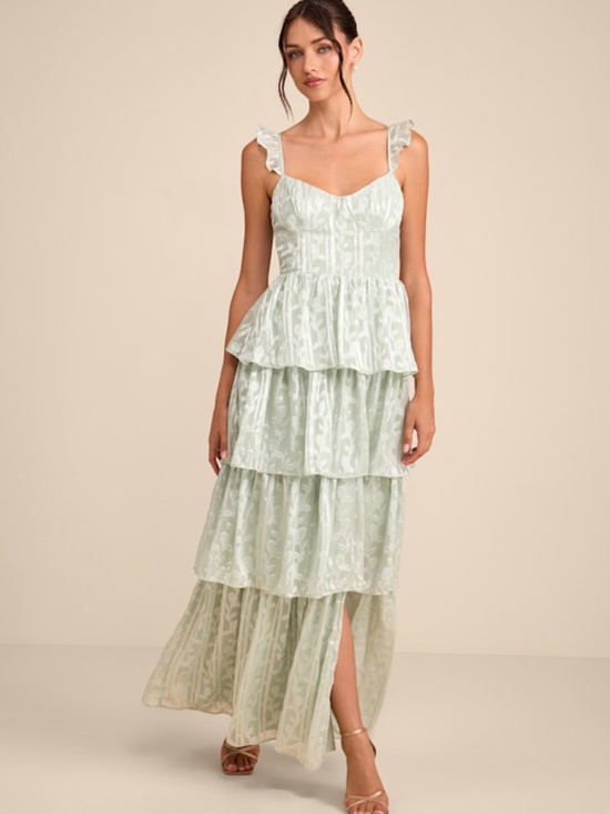 Lulus Dresses & Skirts - Lulus Stunning Glory Sage Green Floral Jacquard Tiered Maxi Dress - Size L